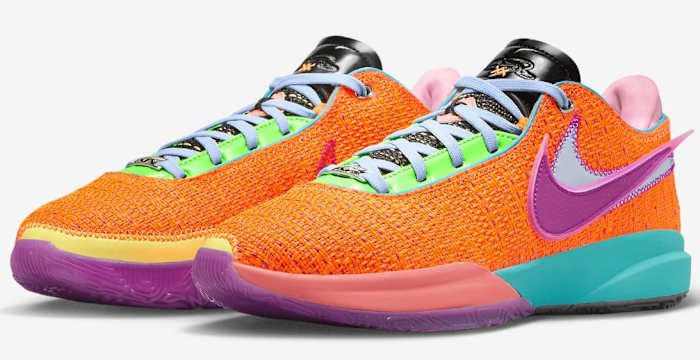 View of orange, purple, and pink Nike LeBron shoes.